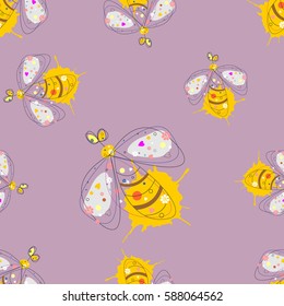 Vector seamless pattern with insect Hand drawn outline decorative endless background with cute drawn butterfly, wasp Graphic illustration. Line drawing. Print for wrapping, background, decor.