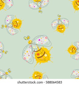 Vector seamless pattern with insect Hand drawn outline decorative endless background with cute drawn butterfly, wasp Graphic illustration. Line drawing. Print for wrapping, background, decor.