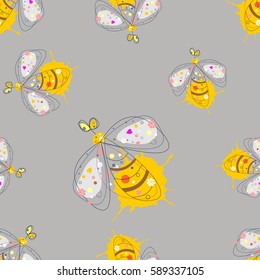Vector seamless pattern with insect Hand drawn outline decorative endless background with cute drawn butterfly, wasp Graphic illustration. Line drawing. Print for wrapping, background, decor