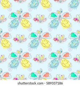 Vector seamless pattern with insect Hand drawn outline decorative endless background with cute drawn butterfly, flowers Graphic illustration. Line drawing. Print for wrapping, background, decor