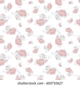 Vector seamless pattern with insect Hand drawn outline decorative endless background with cute drawn butterfly Graphic illustration. Line drawing. Print for wrapping, background, decor