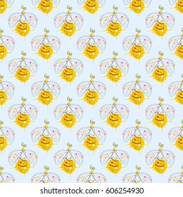 Vector seamless pattern with insect Hand drawn outline decorative endless background with cute drawn wasp Graphic illustration. Line drawing. Print for wrapping, background, decor