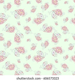 Vector seamless pattern with insect Hand drawn outline decorative endless background with cute drawn butterfly Graphic illustration. Line drawing. Print for wrapping, background, decor