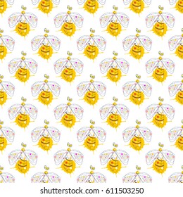 Vector seamless pattern with insect Hand drawn outline decorative endless background with cute drawn wasp Graphic illustration. Line drawing. Print for wrapping, background, decor