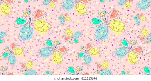 Vector seamless pattern with insect Hand drawn outline decorative endless background with cute drawn butterfly Graphic illustration. Line drawing. Print for wrapping, background, decor