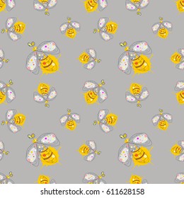Vector seamless pattern with insect Hand drawn outline decorative endless background with cute drawn wasp Graphic illustration. Line drawing. Print for wrapping, background, decor