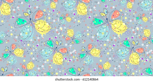 Vector seamless pattern with insect Hand drawn outline decorative endless background with cute drawn butterfly Graphic illustration. Line drawing. Print for wrapping, background, decor