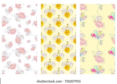 Vector seamless pattern with insect Hand drawn outline decorative endless background with cute drawn butterfly, wasp, flowers Graphic illustration. Line drawing. Print for wrapping, background, decor