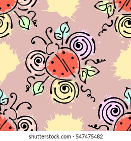 Vector seamless pattern with insect Ladybugs with flowers, leaves, decorative elements, splash, blots, drop Hand drawn contour lines and strokes Doodle style, graphic vector drawing illustration.