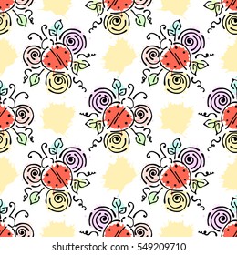 Vector seamless pattern with insect Ladybugs with flowers, leaves, decorative elements, splash, blots, drop Hand drawn contour lines and strokes Doodle style, graphic vector drawing illustration