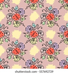 Vector seamless pattern with insect Ladybugs with flowers, leaves, decorative elements, splash, blots, drop Hand drawn contour lines and strokes Doodle style, graphic vector drawing illustration