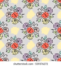 Vector seamless pattern with insect Ladybugs with flowers, leaves, decorative elements, splash, blots, drop Hand drawn contour lines and strokes Doodle style, graphic vector drawing illustration.