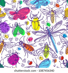 Vector seamless pattern of insect on white background Realistic silhouette, sketch set Shape color elements for your nature design Doodle illustration Real life Summer art line design, fun cool print 