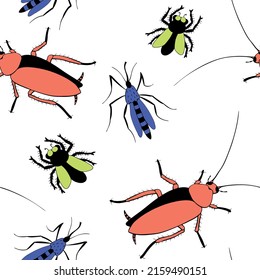 Vector seamless pattern of insect pests - oriental cockroaches, flies, mosquitoes. Bright background and pest control texture.
