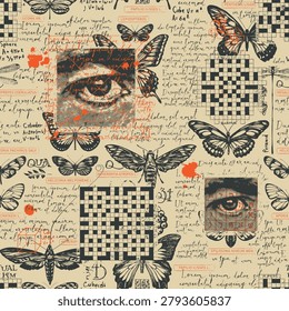 Vector seamless pattern with insects, dragonflies, bees, beetles, and butterflies on background with newspaper and crosswords and human eyes. Handwritten text, scrapbooking. Marker drawing. Suitable for fabric, wrapping paper, t-shirts, wallpaper.