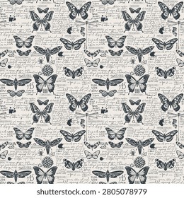 Vector seamless pattern with insects, dragonflies, beetles, and butterflies. Handwritten text, scrapbooking. Marker drawing. Suitable for fabric, wrapping paper, t-shirts, wallpaper, and backgrounds.
