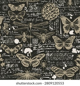 Vector seamless pattern with insects, dragonflies, bees, beetles, and butterflies. Handwritten text, scrapbooking. Marker drawing. Suitable for fabric, wrapping paper, t-shirts, wallpaper, and backgrounds.