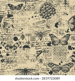 Vector seamless pattern with insects, dragonflies, bees, beetles, and butterflies. Handwritten text, scrapbooking. Marker drawing. Suitable for fabric, wrapping paper, t-shirts, wallpaper, and backgrounds.