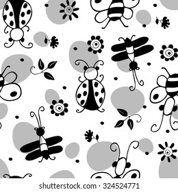 Vector seamless pattern with insects. Grey, white, black.