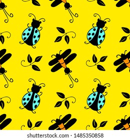 Vector seamless pattern with insects. Hand drawn illustration of pretty insects.
