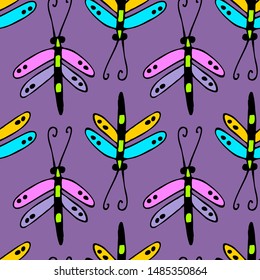 Vector seamless pattern with insects. Hand drawn illustration of pretty insects.