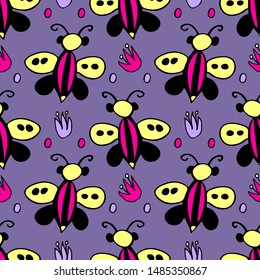 Vector seamless pattern with insects. Hand drawn illustration of pretty insects.