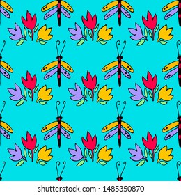 Vector seamless pattern with insects. Hand drawn illustration of pretty insects.