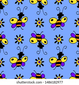 Vector seamless pattern with insects. Hand drawn illustration of pretty insects.