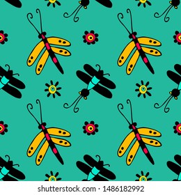 Vector seamless pattern with insects. Hand drawn illustration of pretty insects.