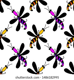 Vector seamless pattern with insects. Hand drawn illustration of pretty insects.
