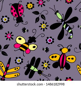Vector seamless pattern with insects. Hand drawn illustration of pretty insects.