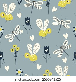 Vector seamless pattern with insects and plants in cartoon style. Childish illustration on a wild background.