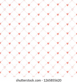Vector seamless pattern. Inspired by Memphis Design. Simply trendy texture with hand drawn hearts and strokes grid. Minimalist abstract background with love theme. Stock vector. 