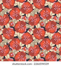 Vector seamless pattern inspired by the floral, hippie, and groovy aesthetics of the 60s and 70s. Red flowers on dark background. Colorful retro design for any purposes. Psychedelic wallpaper design