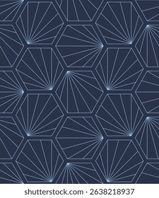 Vector seamless pattern inspired by Art Deco style, featuring geometric hexagons and radiant fan lines. Perfect for elegant backgrounds, textile prints and luxury brand visuals. Tileable backdrop