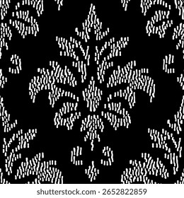 Vetor padrão sem emenda inspirado por damasco clássico, reimaginado com contraste arrojado e linhas limpas. Uma tomada moderna em ornamento antigo, perfeito para têxteis, papel de parede e design digital.