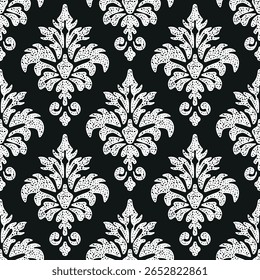 Vetor padrão sem emenda inspirado por damasco clássico, reimaginado com contraste arrojado e linhas limpas. Uma tomada moderna em ornamento antigo, perfeito para têxteis, papel de parede e design digital.