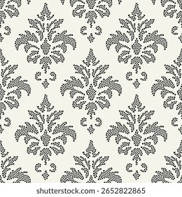 Vetor padrão sem emenda inspirado por damasco clássico, reimaginado com contraste arrojado e linhas limpas. Uma tomada moderna em ornamento antigo, perfeito para têxteis, papel de parede e design digital.