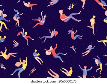 Vector seamless pattern with inspired People flying in space and interacting with gadgets and papers. Characters set moving and floating in dreams, imagination and inspiration. Vector