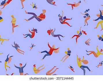 Vector seamless pattern with inspired People flying in space and interacting with gadgets and papers. Characters set moving and floating in dreams, imagination and inspiration. Vector