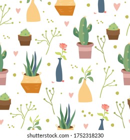 vector seamless pattern interior. home flowers. indoor plants, potted plants. cute cartoon style