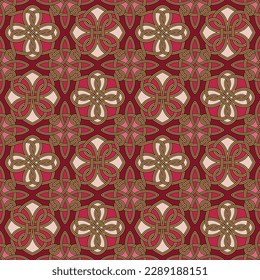 Vector seamless pattern with interlacing geometric ornaments. Viva Magenta color.
