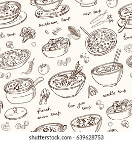 Vector seamless pattern with international soups hand drawn doodles. Illustration for menus, recipes and packages product