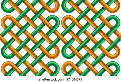 Vector seamless pattern of  intersected green and orange braided cords