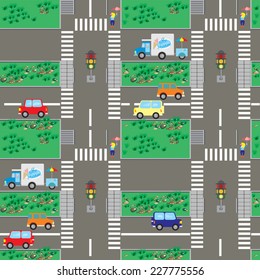 Vector seamless pattern  intersection, traffic lights, trucks, cars, pedestrian, lawns. This is part of my series of large vehicles, construction machinery and various transport.