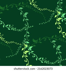 Vector seamless pattern of intertwining twigs with stems with leaves, grass pattern on a dark green background for design of fabric, textile, curtains, scarf, pareo.