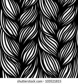 Vector seamless pattern with interweaving of braids. Black and white background in the form of a knitted fabric. Abstract illustration of hairstyle