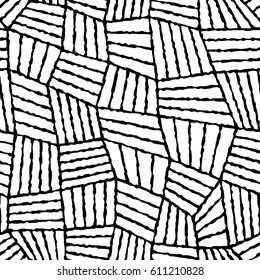 Vector seamless pattern with interweaving of roughen lines. Repeating image with hand drawn strokes. Simple abstract ornamental illustration. Black and white colors. Grungy texture. EPS 8.