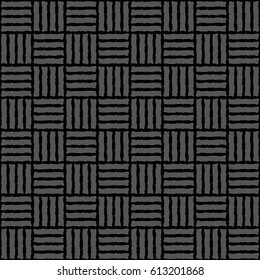 Vector seamless pattern with interweaving of roughen lines. Repeating image with hand drawn strokes. Simple abstract ornamental illustration. Black, grey colors. Grungy squares texture.