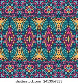 Vector seamless pattern intricate abstrac folk art style. Colorful ethnic geometric psychedelic print. Ethnic psychedelic colorful fabric print. Mexican indian style design